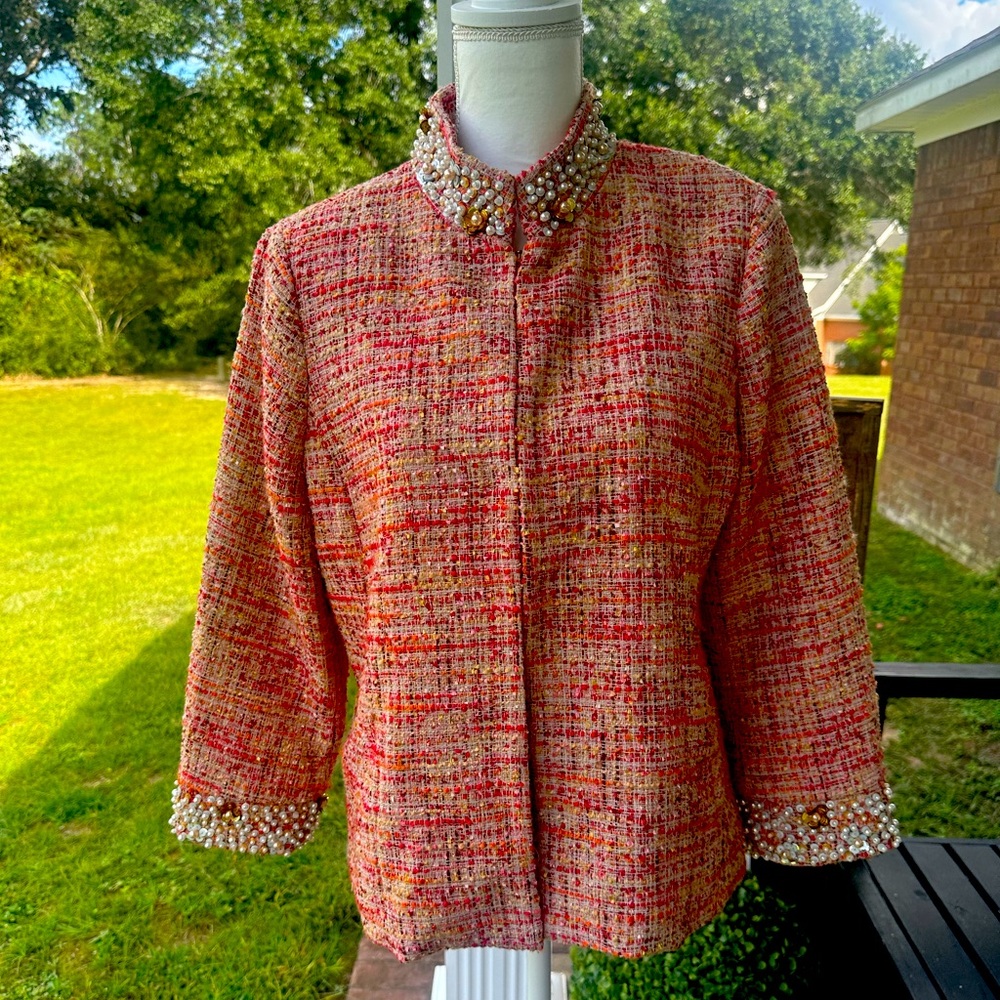 Chico’s Embellished Beaded Pearls Orange Tweed Jacket Blazer 2 L